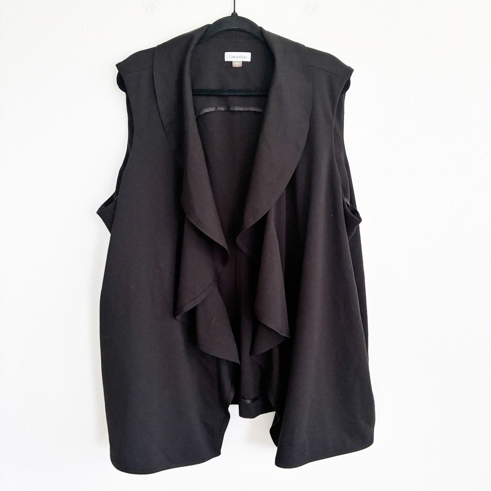 Calvin Klein Vest Women 3X Black Draped Open Front Sleeveless Waterfall Layer